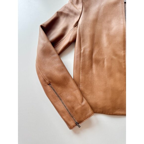 VINCE Saddle Brown Lamb Leather Zip Front Minimalist Collarless Jacket, Size S - Picture 8 of 16